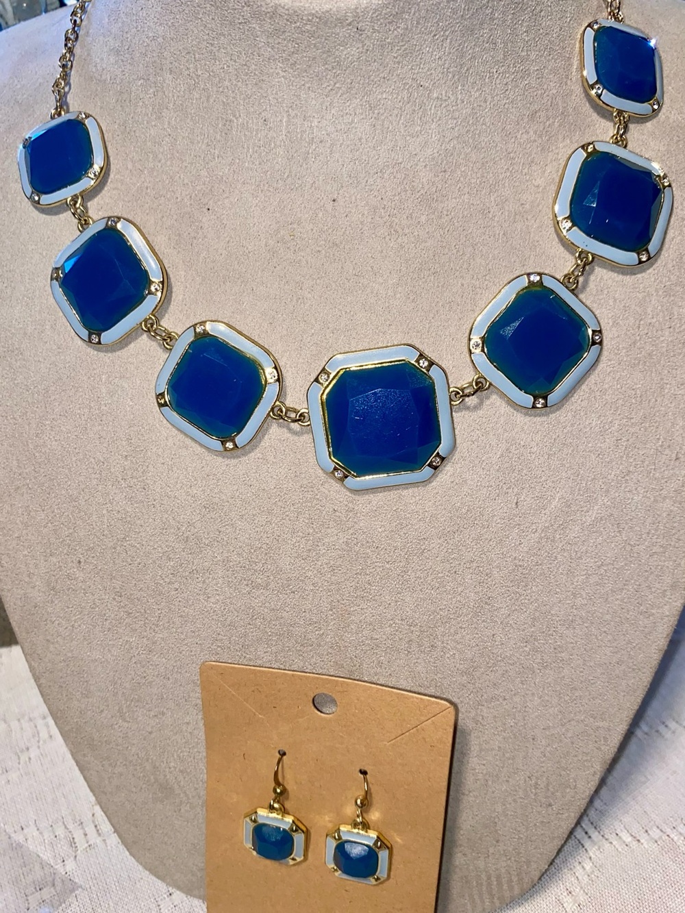 Blue Gold-Tone Statement Necklace & Earrings Set